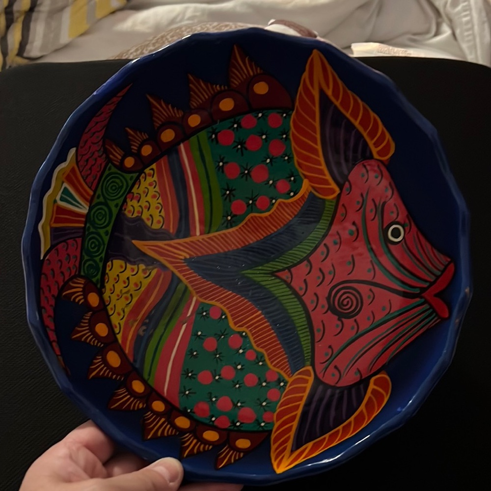 Hand Painted Folk Art Red Clay Footed Bowl - Colorful Tropical Fish. 10 in. Wide